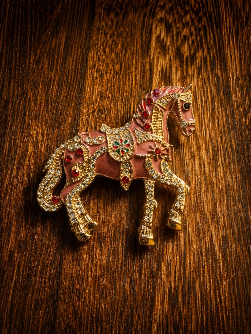 Mint Gold-Tone and Pink Jeweled Horse Brooch